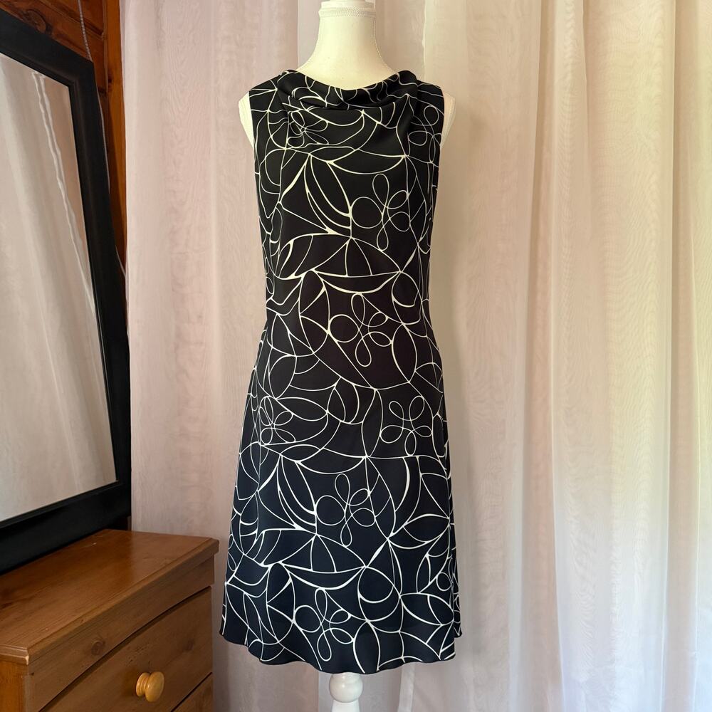 Petite Sophisticate Black Abstract Floral Cowl Neck Dress Sz 4 Y2K Office Siren